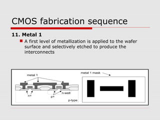 CMOS fabrication sequence
11. Metal 1
 A first level of metallization is applied to the wafer
surface and selectively etched to produce the
interconnects
n-well
p-type
n+ p+
metal 1 mask
metal 1
 