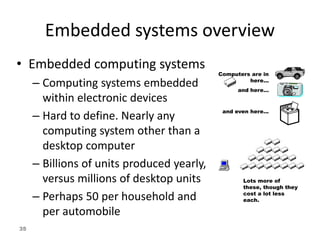 35
Embedded systems overview
• Embedded computing systems
– Computing systems embedded
within electronic devices
– Hard to define. Nearly any
computing system other than a
desktop computer
– Billions of units produced yearly,
versus millions of desktop units
– Perhaps 50 per household and
per automobile
Computers are in
here...
and here...
and even here...
Lots more of
these, though they
cost a lot less
each.
 