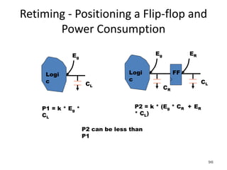 Retiming - Positioning a Flip-flop and
Power Consumption
Logi
c
Logi
c
FF
CL
CL
CR
Eg
Eg
ER
P1 = k * Eg *
CL
P2 = k * (Eg * CR + ER
* CL)
P2 can be less than
P1
96
 