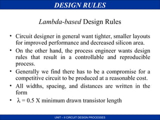 DESIGN RULES
Lambda-based Design Rules
• Circuit designer in general want tighter, smaller layouts
for improved performance and decreased silicon area.
• On the other hand, the process engineer wants design
rules that result in a controllable and reproducible
process.
• Generally we find there has to be a compromise for a
competitive circuit to be produced at a reasonable cost.
• All widths, spacing, and distances are written in the
form
• λ = 0.5 X minimum drawn transistor length
UNIT – II CIRCUIT DESIGN PROCESSES

 