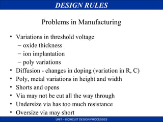 DESIGN RULES
Problems in Manufacturing
• Variations in threshold voltage
– oxide thickness
– ion implantation
– poly variations
• Diffusion - changes in doping (variation in R, C)
• Poly, metal variations in height and width
• Shorts and opens
• Via may not be cut all the way through
• Undersize via has too much resistance
• Oversize via may short
UNIT – II CIRCUIT DESIGN PROCESSES

 