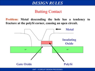 DESIGN RULES
Butting Contact
Problem: Metal descending the hole has a tendency to
fracture at the polySi corner, causing an open circuit.
Metal
Insulating
Oxide
n+

n+

Gate Oxide

PolySi
UNIT – II CIRCUIT DESIGN PROCESSES

 