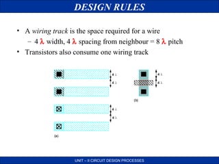 DESIGN RULES
• A wiring track is the space required for a wire
– 4 λ width, 4 λ spacing from neighbour = 8 λ pitch
• Transistors also consume one wiring track

UNIT – II CIRCUIT DESIGN PROCESSES

 