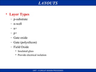 LAYOUTS
• Layer Types
–
–
–
–
–
–
–

p-substrate
n-well
n+
p+
Gate oxide
Gate (polysilicon)
Field Oxide
• Insulated glass
• Provide electrical isolation

UNIT – II CIRCUIT DESIGN PROCESSES

 