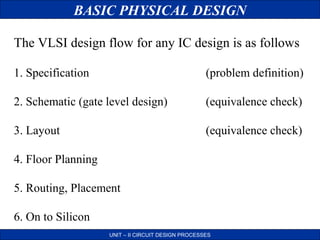 BASIC PHYSICAL DESIGN
The VLSI design flow for any IC design is as follows
1. Specification

(problem definition)

2. Schematic (gate level design)

(equivalence check)

3. Layout

(equivalence check)

4. Floor Planning
5. Routing, Placement
6. On to Silicon
UNIT – II CIRCUIT DESIGN PROCESSES

 