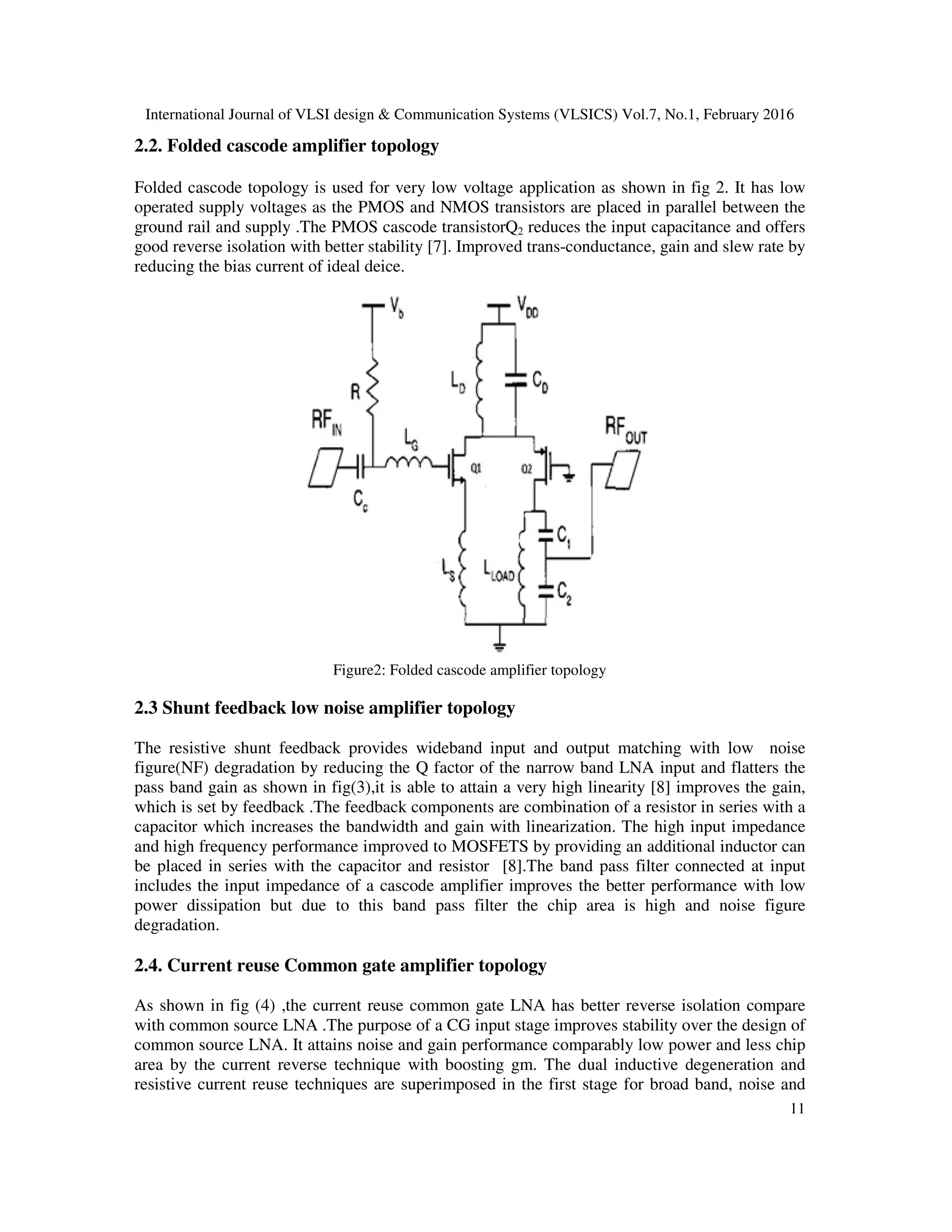 International Journal of VLSI design & Communication Systems (VLSICS) Vol.7, No.1, February 2016
11
2.2. Folded cascode amplifier topology
Folded cascode topology is used for very low voltage application as shown in fig 2. It has low
operated supply voltages as the PMOS and NMOS transistors are placed in parallel between the
ground rail and supply .The PMOS cascode transistorQ2 reduces the input capacitance and offers
good reverse isolation with better stability [7]. Improved trans-conductance, gain and slew rate by
reducing the bias current of ideal deice.
Figure2: Folded cascode amplifier topology
2.3 Shunt feedback low noise amplifier topology
The resistive shunt feedback provides wideband input and output matching with low noise
figure(NF) degradation by reducing the Q factor of the narrow band LNA input and flatters the
pass band gain as shown in fig(3),it is able to attain a very high linearity [8] improves the gain,
which is set by feedback .The feedback components are combination of a resistor in series with a
capacitor which increases the bandwidth and gain with linearization. The high input impedance
and high frequency performance improved to MOSFETS by providing an additional inductor can
be placed in series with the capacitor and resistor [8].The band pass filter connected at input
includes the input impedance of a cascode amplifier improves the better performance with low
power dissipation but due to this band pass filter the chip area is high and noise figure
degradation.
2.4. Current reuse Common gate amplifier topology
As shown in fig (4) ,the current reuse common gate LNA has better reverse isolation compare
with common source LNA .The purpose of a CG input stage improves stability over the design of
common source LNA. It attains noise and gain performance comparably low power and less chip
area by the current reverse technique with boosting gm. The dual inductive degeneration and
resistive current reuse techniques are superimposed in the first stage for broad band, noise and
 