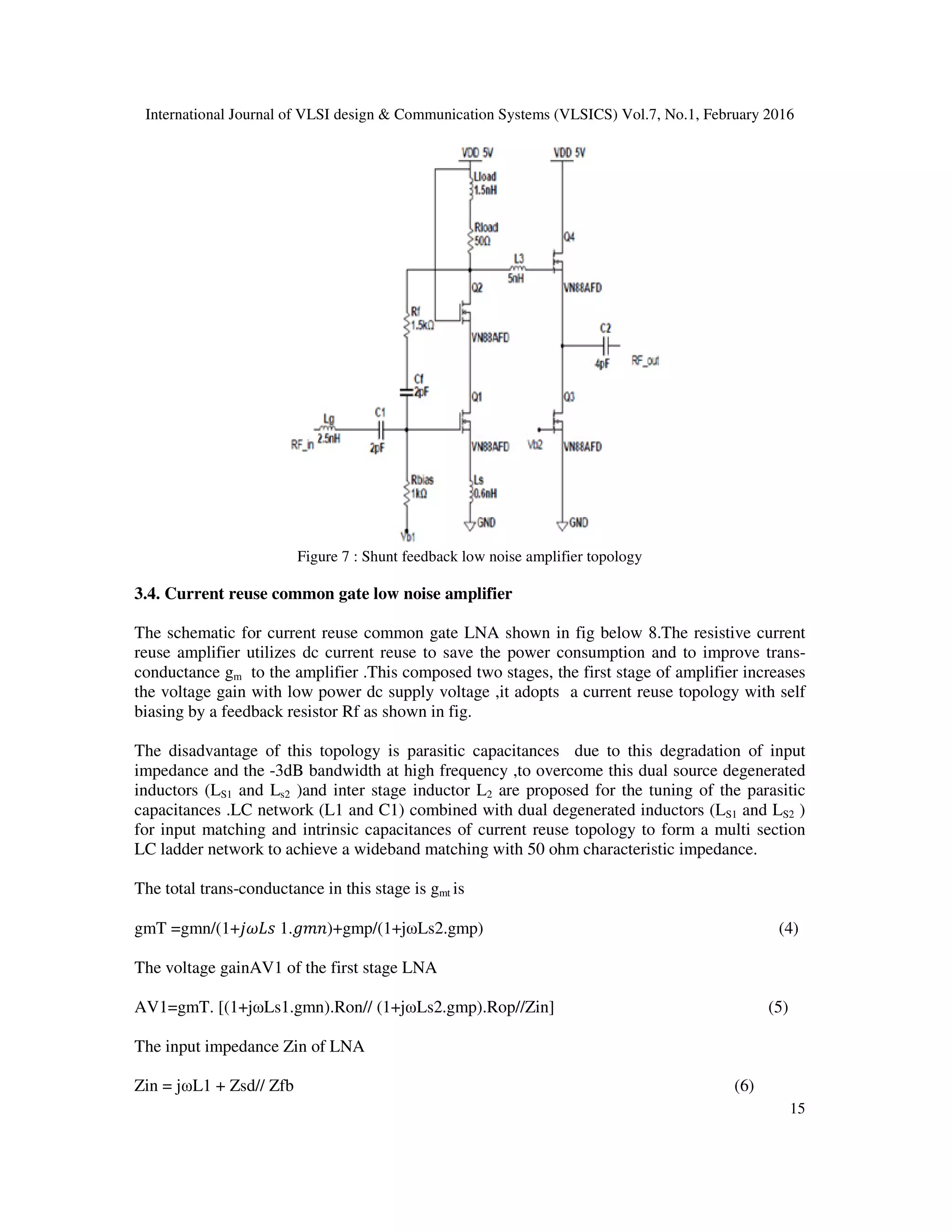 International Journal of VLSI design & Communication Systems (VLSICS) Vol.7, No.1, February 2016
15
Figure 7 : Shunt feedback low noise amplifier topology
3.4. Current reuse common gate low noise amplifier
The schematic for current reuse common gate LNA shown in fig below 8.The resistive current
reuse amplifier utilizes dc current reuse to save the power consumption and to improve trans-
conductance gm to the amplifier .This composed two stages, the first stage of amplifier increases
the voltage gain with low power dc supply voltage ,it adopts a current reuse topology with self
biasing by a feedback resistor Rf as shown in fig.
The disadvantage of this topology is parasitic capacitances due to this degradation of input
impedance and the -3dB bandwidth at high frequency ,to overcome this dual source degenerated
inductors (LS1 and Ls2 )and inter stage inductor L2 are proposed for the tuning of the parasitic
capacitances .LC network (L1 and C1) combined with dual degenerated inductors (LS1 and LS2 )
for input matching and intrinsic capacitances of current reuse topology to form a multi section
LC ladder network to achieve a wideband matching with 50 ohm characteristic impedance.
The total trans-conductance in this stage is gmt is
gmT =gmn/(1+݆߱‫ݏܮ‬ 1.݃݉݊)+gmp/(1+jωLs2.gmp) (4)
The voltage gainAV1 of the first stage LNA
AV1=gmT. [(1+jωLs1.gmn).Ron// (1+jωLs2.gmp).Rop//Zin] (5)
The input impedance Zin of LNA
Zin = jωL1 + Zsd// Zfb (6)
 
