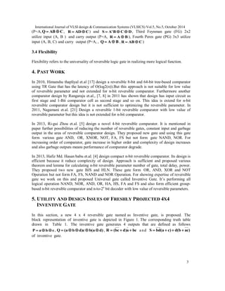 International Journal of VLSI design & Communication Systems (VLSICS) Vol.5, No.5, October 2014
3
(P=A, CABQ  , CADR  ) and DCB'AS  , Third Feynman gate (FG) 2x2
utilize input (A, B ) and carry output (P=A, BAR  ), Fourth Peres gate (PG) 3x3 utilize
input (A, B, C) and carry output (P=A, , BAQ  , CABR  )
3.4 Flexibility
Flexibility refers to the universality of reversible logic gate in realizing more logical function.
4. PAST WORK
In 2010, Himanshu thapliyal et.al [17] design a reversible 8-bit and 64-bit tree-based comparator
using TR Gate that has the latency of O(log2(n)).But this approach is not suitable for low value
of reversible parameter and not extended for n-bit reversible comparator. Furthermore another
comparator design by Rangaraju et.al., [7, 8] in 2011 has shown that design has input circuit as
first stage and 1-Bit comparator cell as second stage and so on. This idea is extend for n-bit
reversible comparator design but it is not sufficient to optimizing the reversible parameter. In
2011, Nagamani et.al. [21] Design a reversible 1-bit reversible comparator with low value of
reversible parameter but this idea is not extended for n-bit comparator.
In 2013, Ri-gui Zhou et.al. [5] design a novel 4-bit reversible comparator. It is mentioned in
paper further possibilities of reducing the number of reversible gates, constant input and garbage
output in the area of reversible comparator design. They proposed new gate and using this gate
form various gate AND, OR, XNOR, NOT, FA, FS but not form gate NAND, NOR. For
increasing order of comparator, gate increase in higher order and complexity of design increases
and also garbage outputs means performance of comparator degrade.
In 2013, Hafiz Md. Hasan babu et.al. [4] design compact n-bit reversible comparator. Its design is
efficient because it reduce complexity of design. Approach is sufficient and proposed various
theorem and lemma for calculating n-bit reversible parameter number of gate, total delay, power.
They proposed two new gate BJS and HLN. These gate form OR, AND, XOR and NOT
Operation but not form FA, FS, NAND and NOR Operation. For showing expertise of reversible
gate we work on this and proposed Universal gate called Inventive Gate. It’s performing all
logical operation NAND, NOR, AND, OR, HA, HS, FA and FS and also form efficient group-
based n-bit reversible comparator and n-to-2n
bit decoder with low value of reversible parameters.
5. UTILITY AND DESIGN ISSUES OF FRESHLY PROJECTED 4X4
INVENTIVE GATE
In this section, a new 4 x 4 reversible gate named as Inventive gate, is proposed. The
block representation of inventive gate is depicted in Figure 1. The corresponding truth table
drawn in Table 1. The inventive gate generates 4 outputs that are defined as follows
cbaP  , )da(bc)dba(Q  , bca)dcb(R  and )cab(d)ca(dbS 
of inventive gate.
 