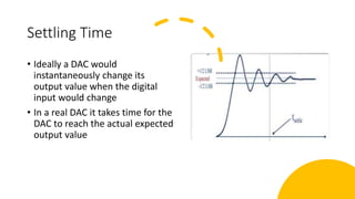 Settling Time
• Ideally a DAC would
instantaneously change its
output value when the digital
input would change
• In a real DAC it takes time for the
DAC to reach the actual expected
output value
 