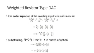 Weighted Resistor Type DAC
• The nodal equation at the inverting input terminal’s node is:
• Substituting, R=2Rf R=2Rf 𝑓 in above equation
.
 