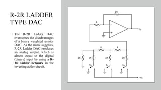 R-2R LADDER
TYPE DAC
• The R-2R Ladder DAC
overcomes the disadvantages
of a binary weighted resistor
DAC. As the name suggests,
R-2R Ladder DAC produces
an analog output, which is
almost equal to the digital
(binary) input by using a R-
2R ladder network in the
inverting adder circuit.
 