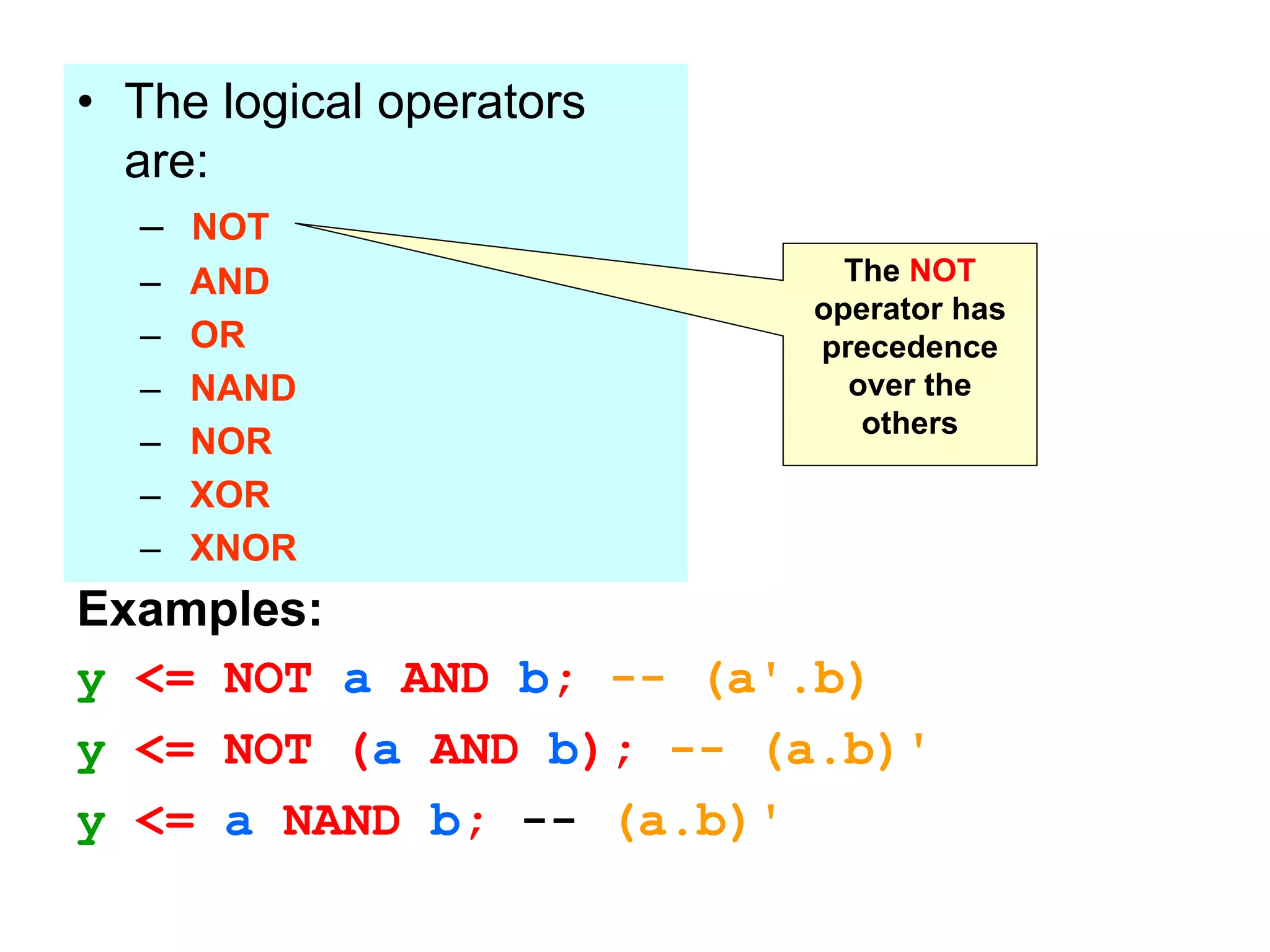 • The logical operators
are:
– NOT
– AND
– OR
– NAND
– NOR
– XOR
– XNOR
The NOT
operator has
precedence
over the
others
Examples:
y <= NOT a AND b; -- (a'.b)
y <= NOT (a AND b); -- (a.b)'
y <= a NAND b; -- (a.b)'
 
