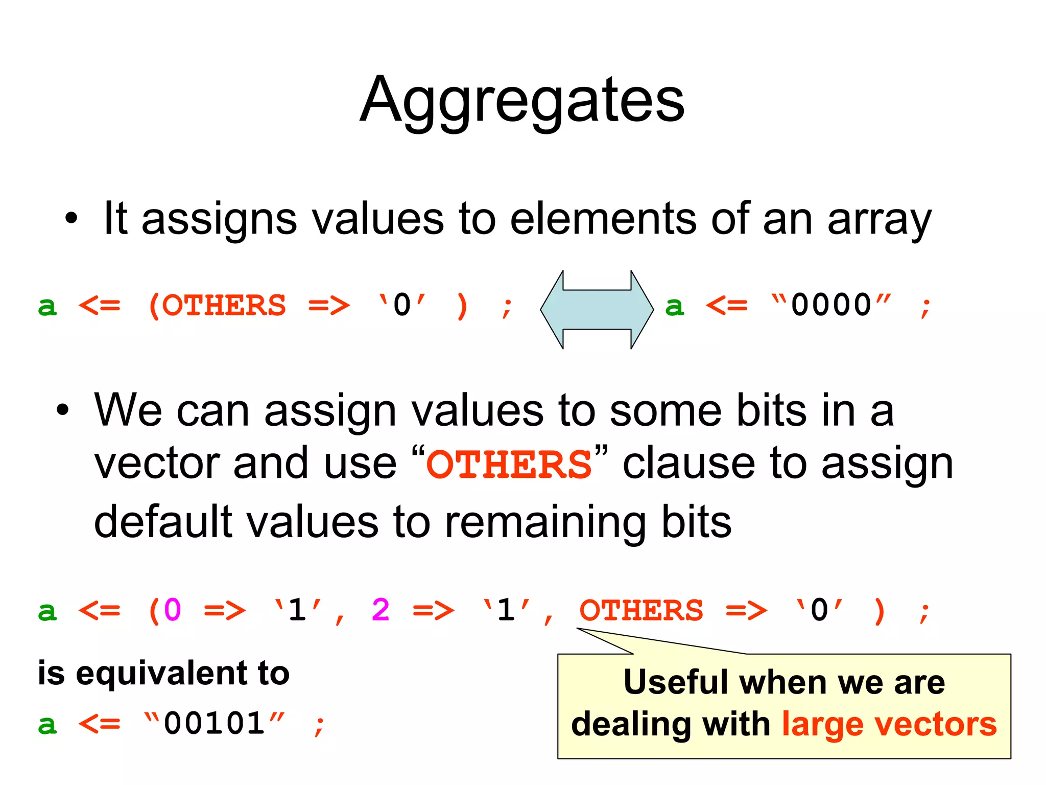 Aggregates
• It assigns values to elements of an array
a <= (OTHERS => ‘0’ ) ; a <= “0000” ;
• We can assign values to some bits in a
vector and use “OTHERS” clause to assign
default values to remaining bits
a <= (0 => ‘1’, 2 => ‘1’, OTHERS => ‘0’ ) ;
is equivalent to
a <= “00101” ;
Useful when we are
dealing with large vectors
 
