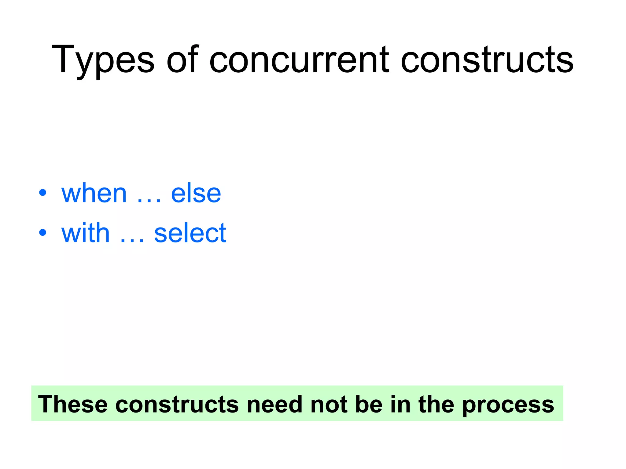 Types of concurrent constructs
• when … else
• with … select
These constructs need not be in the process
 