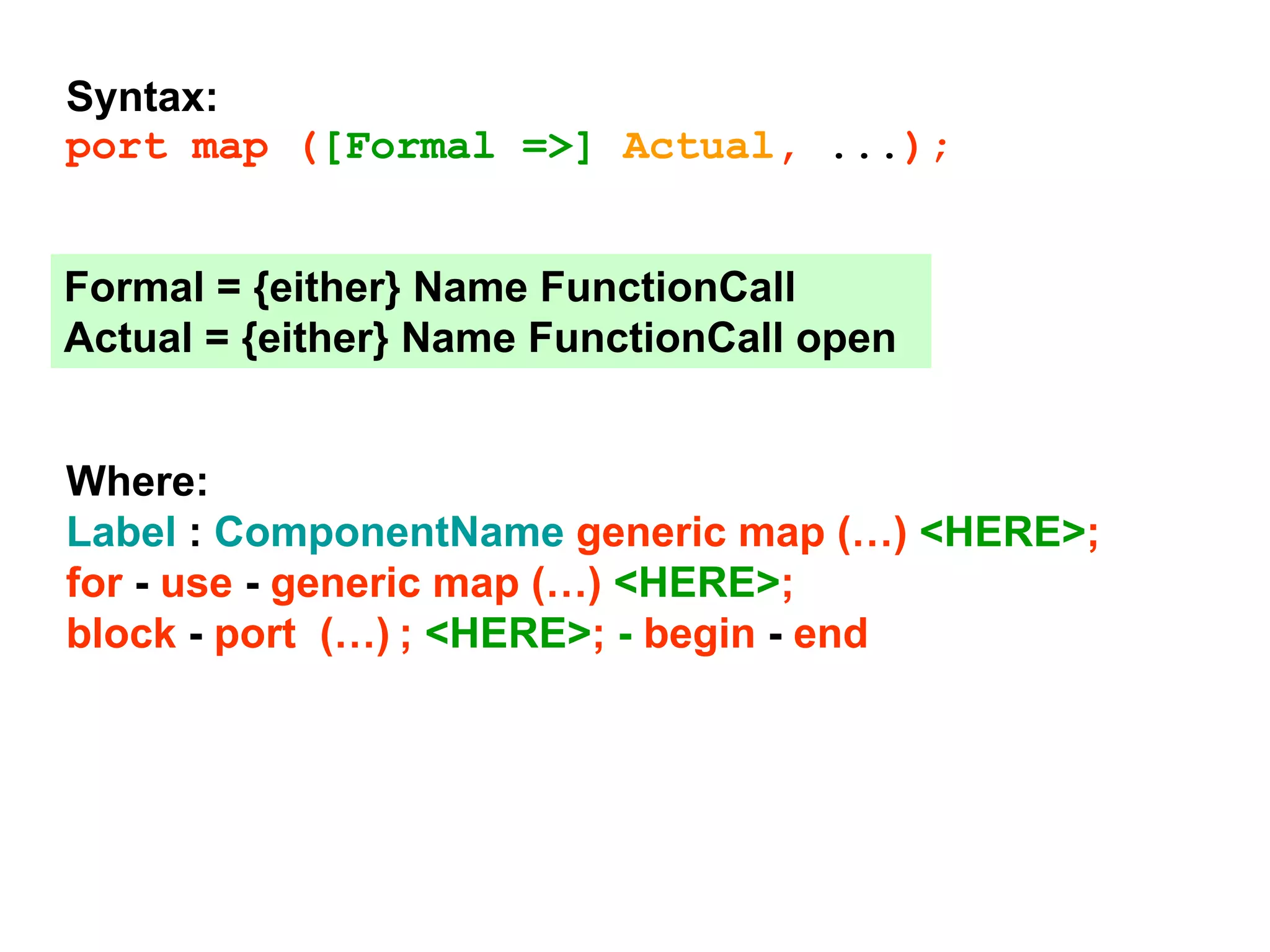 Syntax:
port map ([Formal =>] Actual, ...);
Formal = {either} Name FunctionCall
Actual = {either} Name FunctionCall open
Where:
Label : ComponentName generic map (…) <HERE>;
for - use - generic map (…) <HERE>;
block - port (…) ; <HERE>; - begin - end
 