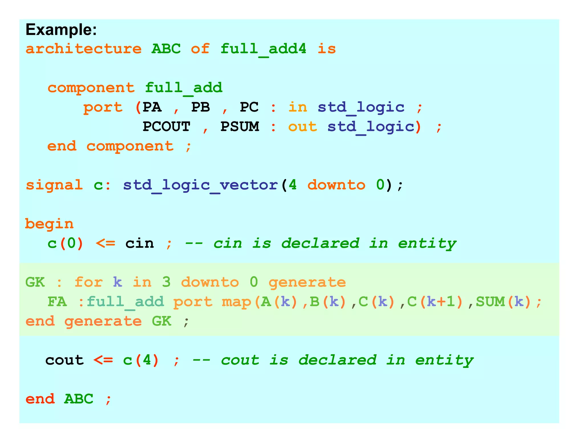 Example:
architecture ABC of full_add4 is
component full_add
port (PA , PB , PC : in std_logic ;
PCOUT , PSUM : out std_logic) ;
end component ;
signal c: std_logic_vector(4 downto 0);
begin
c(0) <= cin ; -- cin is declared in entity
GK : for k in 3 downto 0 generate
FA :full_add port map(A(k),B(k),C(k),C(k+1),SUM(k);
end generate GK ;
cout <= c(4) ; -- cout is declared in entity
end ABC ;
 