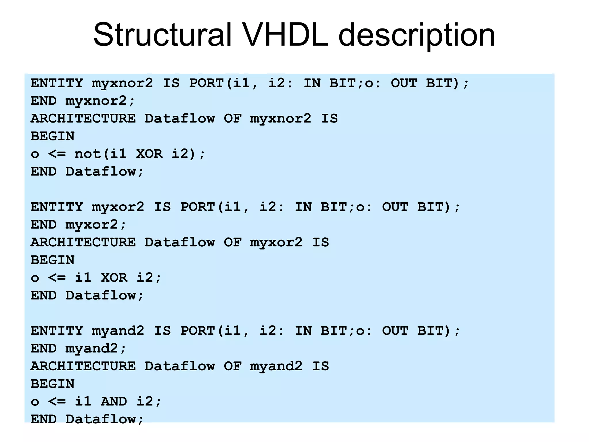 Structural VHDL description
ENTITY myxnor2 IS PORT(i1, i2: IN BIT;o: OUT BIT);
END myxnor2;
ARCHITECTURE Dataflow OF myxnor2 IS
BEGIN
o <= not(i1 XOR i2);
END Dataflow;
ENTITY myxor2 IS PORT(i1, i2: IN BIT;o: OUT BIT);
END myxor2;
ARCHITECTURE Dataflow OF myxor2 IS
BEGIN
o <= i1 XOR i2;
END Dataflow;
ENTITY myand2 IS PORT(i1, i2: IN BIT;o: OUT BIT);
END myand2;
ARCHITECTURE Dataflow OF myand2 IS
BEGIN
o <= i1 AND i2;
END Dataflow;
 