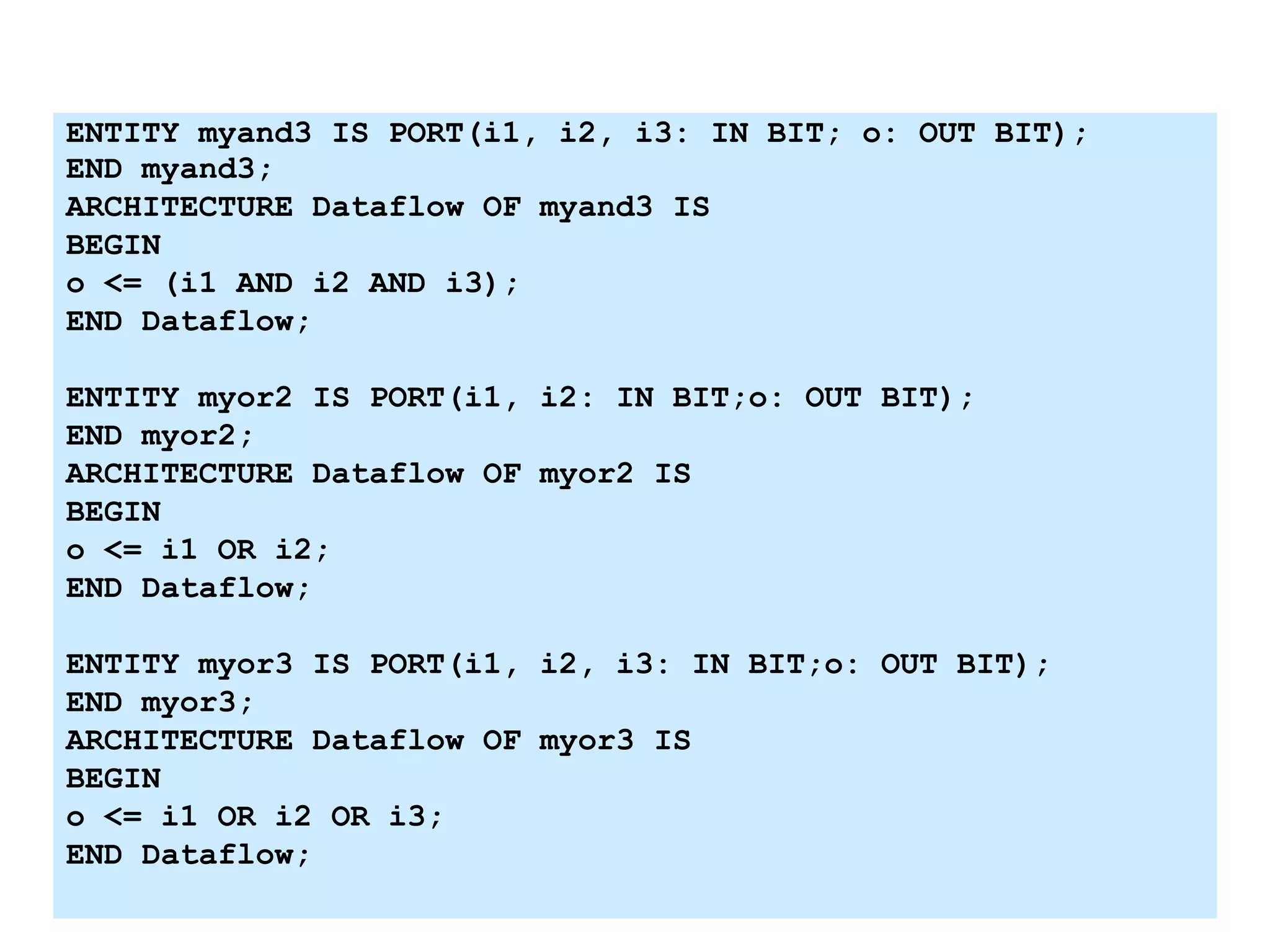 ENTITY myand3 IS PORT(i1, i2, i3: IN BIT; o: OUT BIT);
END myand3;
ARCHITECTURE Dataflow OF myand3 IS
BEGIN
o <= (i1 AND i2 AND i3);
END Dataflow;
ENTITY myor2 IS PORT(i1, i2: IN BIT;o: OUT BIT);
END myor2;
ARCHITECTURE Dataflow OF myor2 IS
BEGIN
o <= i1 OR i2;
END Dataflow;
ENTITY myor3 IS PORT(i1, i2, i3: IN BIT;o: OUT BIT);
END myor3;
ARCHITECTURE Dataflow OF myor3 IS
BEGIN
o <= i1 OR i2 OR i3;
END Dataflow;
 