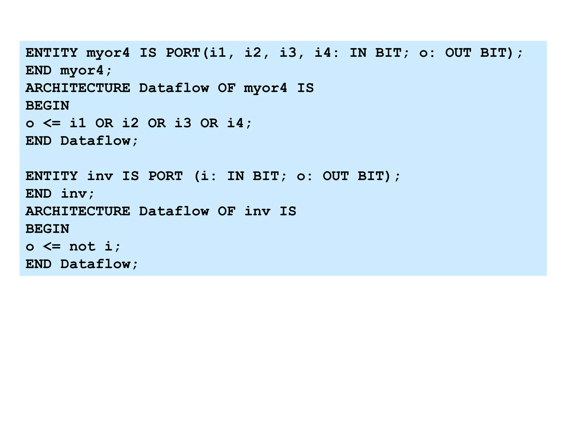 ENTITY myor4 IS PORT(i1, i2, i3, i4: IN BIT; o: OUT BIT);
END myor4;
ARCHITECTURE Dataflow OF myor4 IS
BEGIN
o <= i1 OR i2 OR i3 OR i4;
END Dataflow;
ENTITY inv IS PORT (i: IN BIT; o: OUT BIT);
END inv;
ARCHITECTURE Dataflow OF inv IS
BEGIN
o <= not i;
END Dataflow;
 