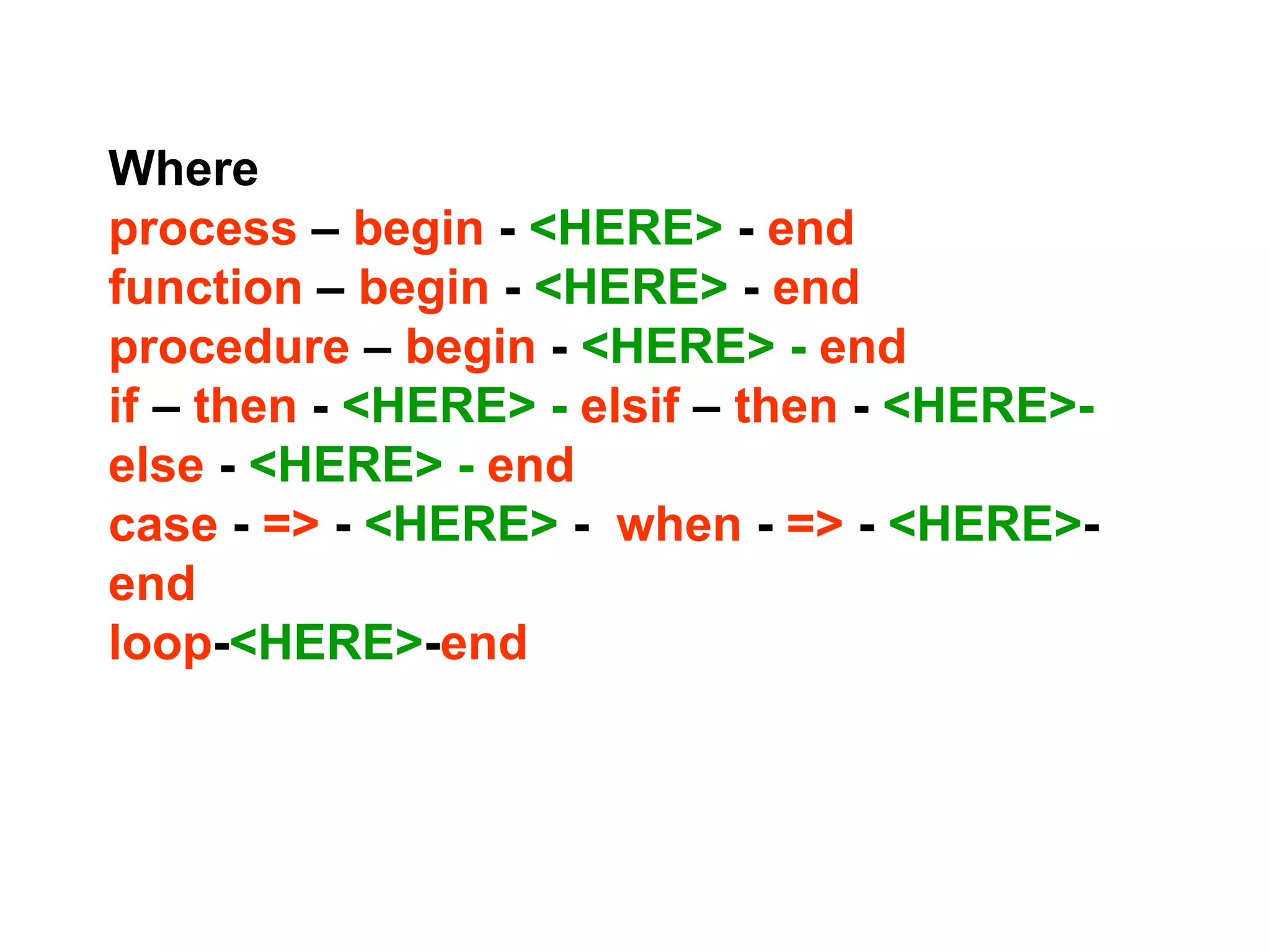 Where
process – begin - <HERE> - end
function – begin - <HERE> - end
procedure – begin - <HERE> - end
if – then - <HERE> - elsif – then - <HERE>-
else - <HERE> - end
case - => - <HERE> - when - => - <HERE>-
end
loop-<HERE>-end
 