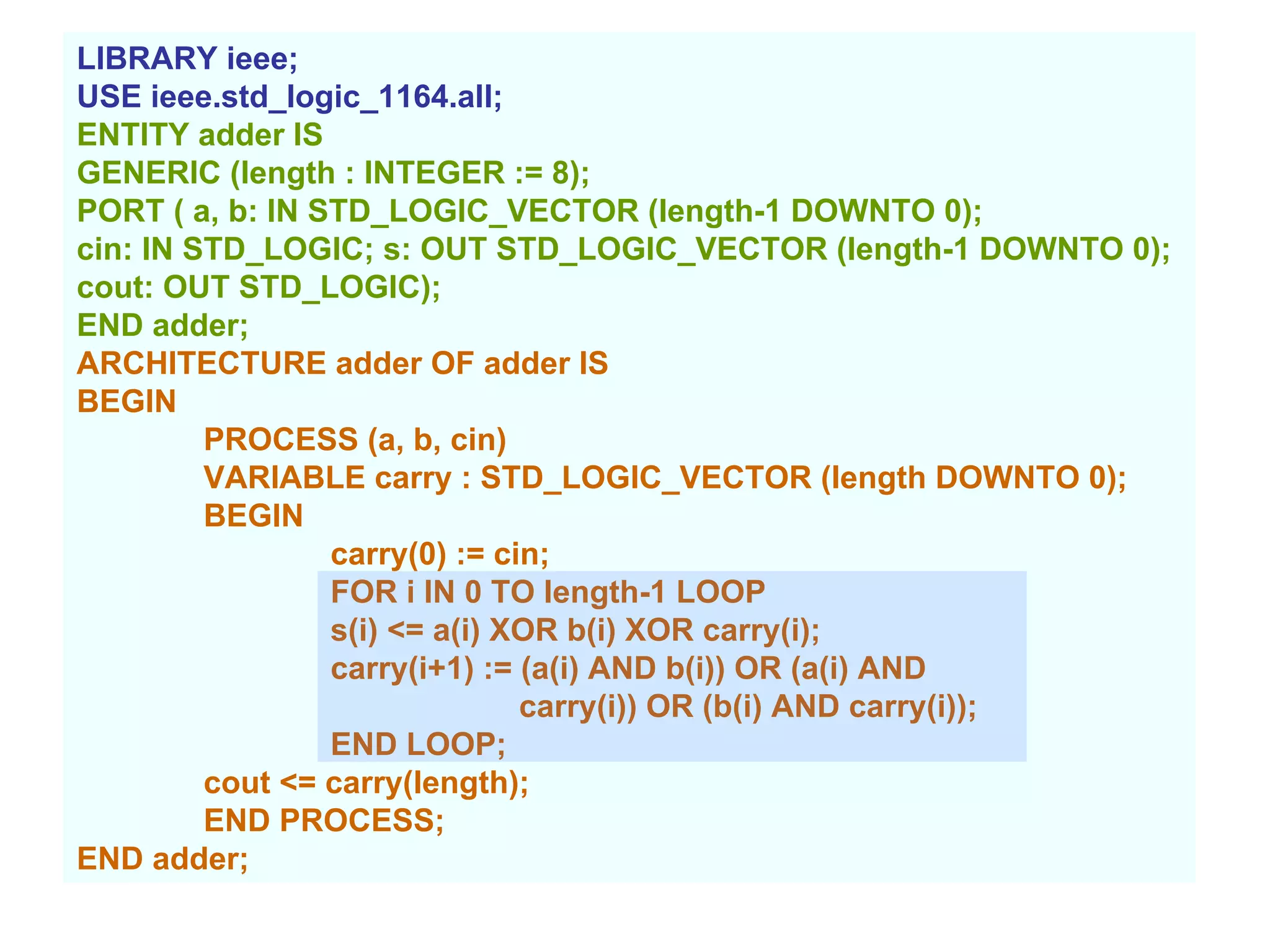 LIBRARY ieee;
USE ieee.std_logic_1164.all;
ENTITY adder IS
GENERIC (length : INTEGER := 8);
PORT ( a, b: IN STD_LOGIC_VECTOR (length-1 DOWNTO 0);
cin: IN STD_LOGIC; s: OUT STD_LOGIC_VECTOR (length-1 DOWNTO 0);
cout: OUT STD_LOGIC);
END adder;
ARCHITECTURE adder OF adder IS
BEGIN
PROCESS (a, b, cin)
VARIABLE carry : STD_LOGIC_VECTOR (length DOWNTO 0);
BEGIN
carry(0) := cin;
FOR i IN 0 TO length-1 LOOP
s(i) <= a(i) XOR b(i) XOR carry(i);
carry(i+1) := (a(i) AND b(i)) OR (a(i) AND
carry(i)) OR (b(i) AND carry(i));
END LOOP;
cout <= carry(length);
END PROCESS;
END adder;
 