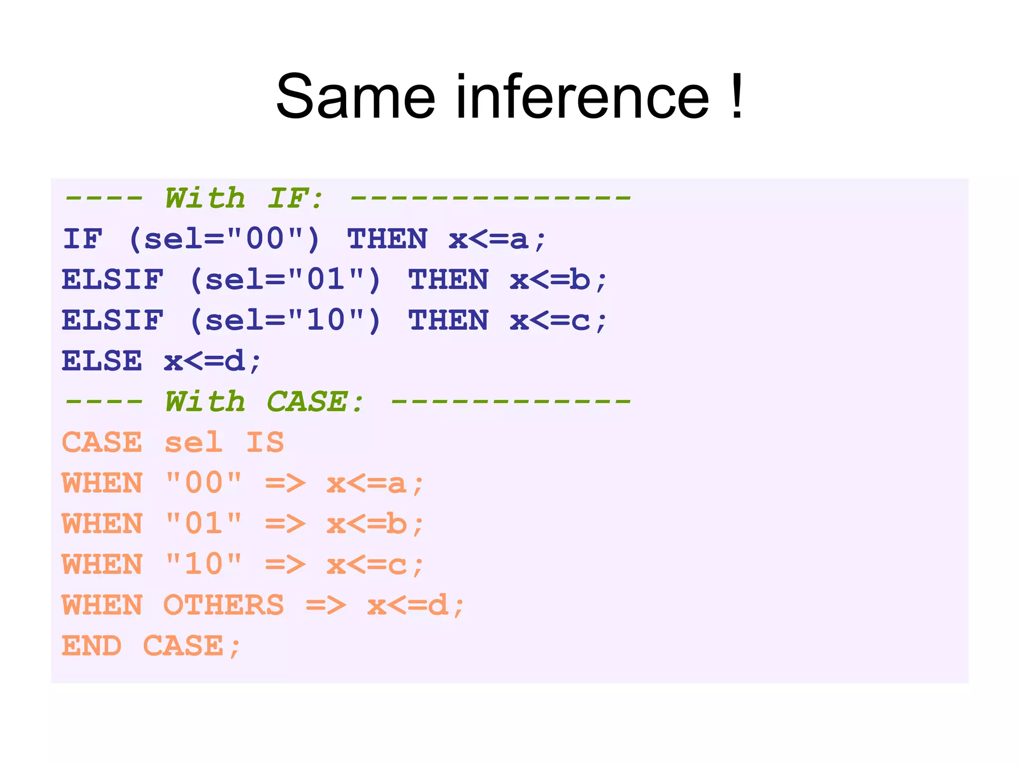 Same inference !
---- With IF: --------------
IF (sel="00") THEN x<=a;
ELSIF (sel="01") THEN x<=b;
ELSIF (sel="10") THEN x<=c;
ELSE x<=d;
---- With CASE: ------------
CASE sel IS
WHEN "00" => x<=a;
WHEN "01" => x<=b;
WHEN "10" => x<=c;
WHEN OTHERS => x<=d;
END CASE;
 