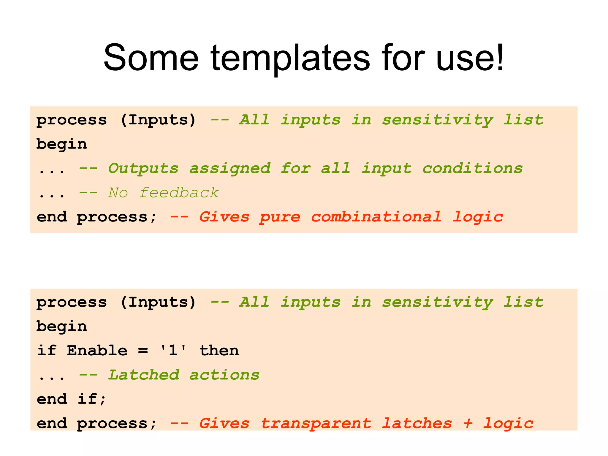 Some templates for use!
process (Inputs) -- All inputs in sensitivity list
begin
... -- Outputs assigned for all input conditions
... -- No feedback
end process; -- Gives pure combinational logic
process (Inputs) -- All inputs in sensitivity list
begin
if Enable = '1' then
... -- Latched actions
end if;
end process; -- Gives transparent latches + logic
 