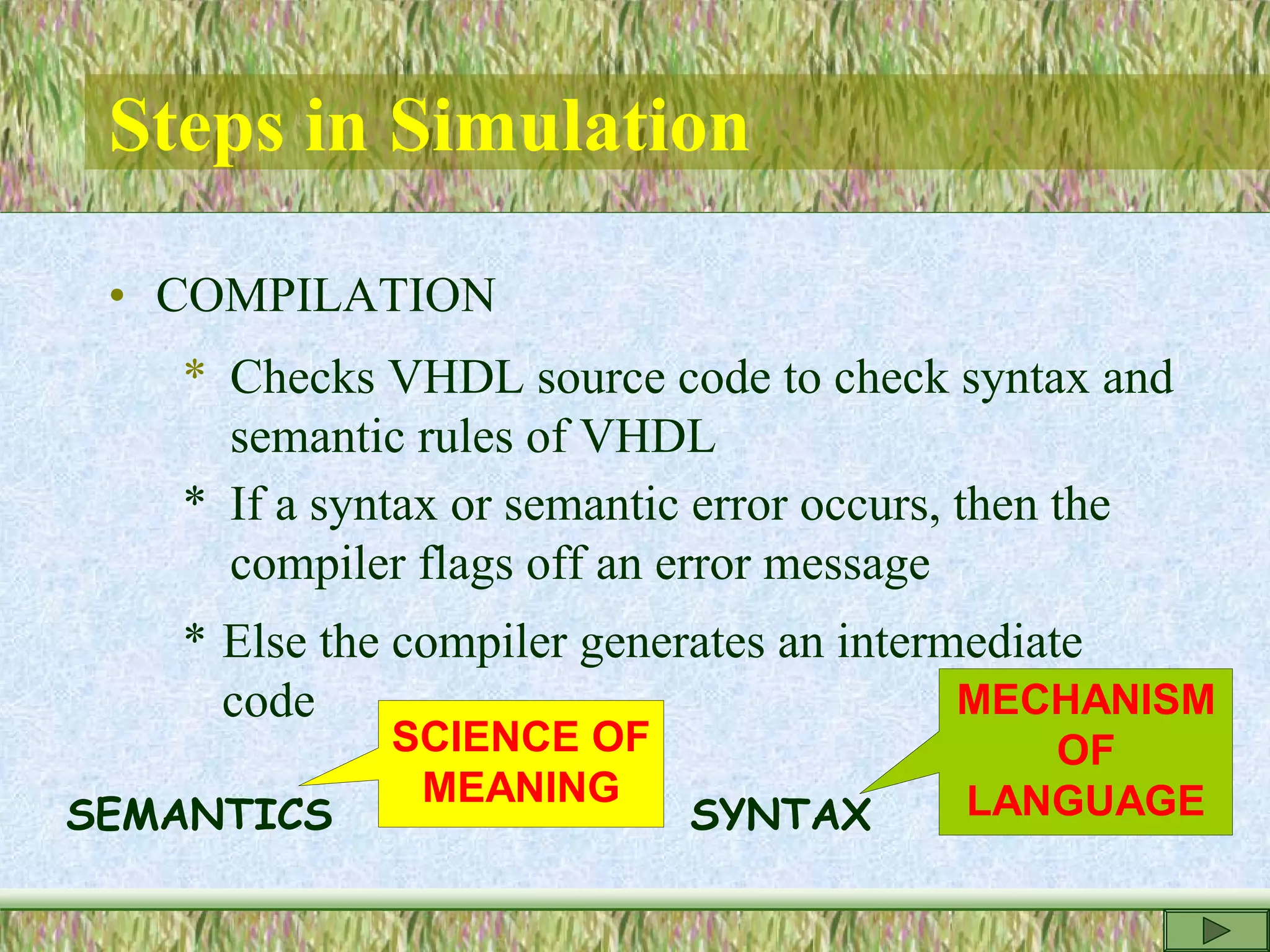 Steps in Simulation
• COMPILATION
* Checks VHDL source code to check syntax and
semantic rules of VHDL
* If a syntax or semantic error occurs, then the
compiler flags off an error message
* Else the compiler generates an intermediate
code
SEMANTICS SYNTAX
SCIENCE OF
MEANING
MECHANISM
OF
LANGUAGE
 