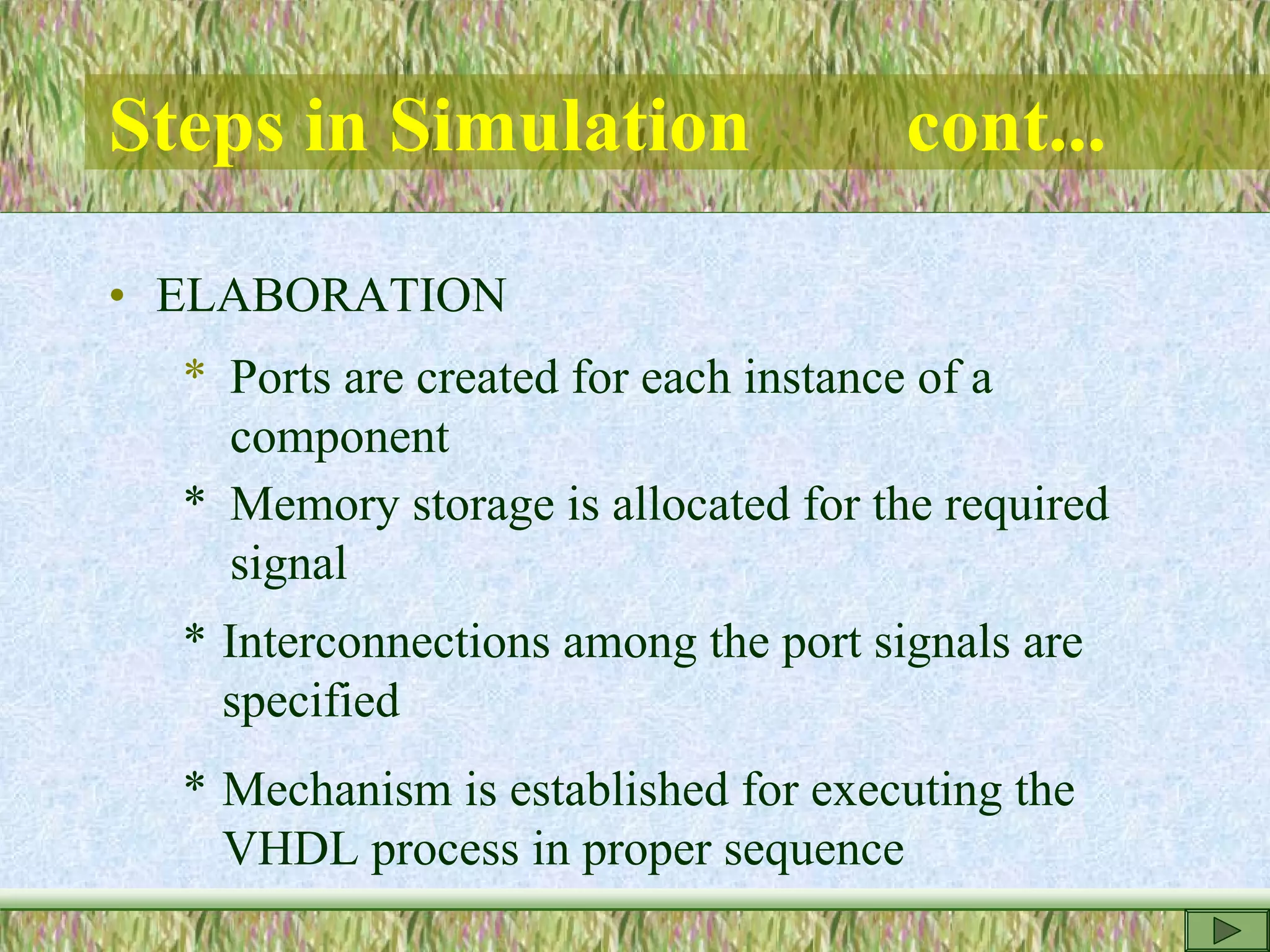 Steps in Simulation cont...
• ELABORATION
* Ports are created for each instance of a
component
* Memory storage is allocated for the required
signal
* Interconnections among the port signals are
specified
* Mechanism is established for executing the
VHDL process in proper sequence
 