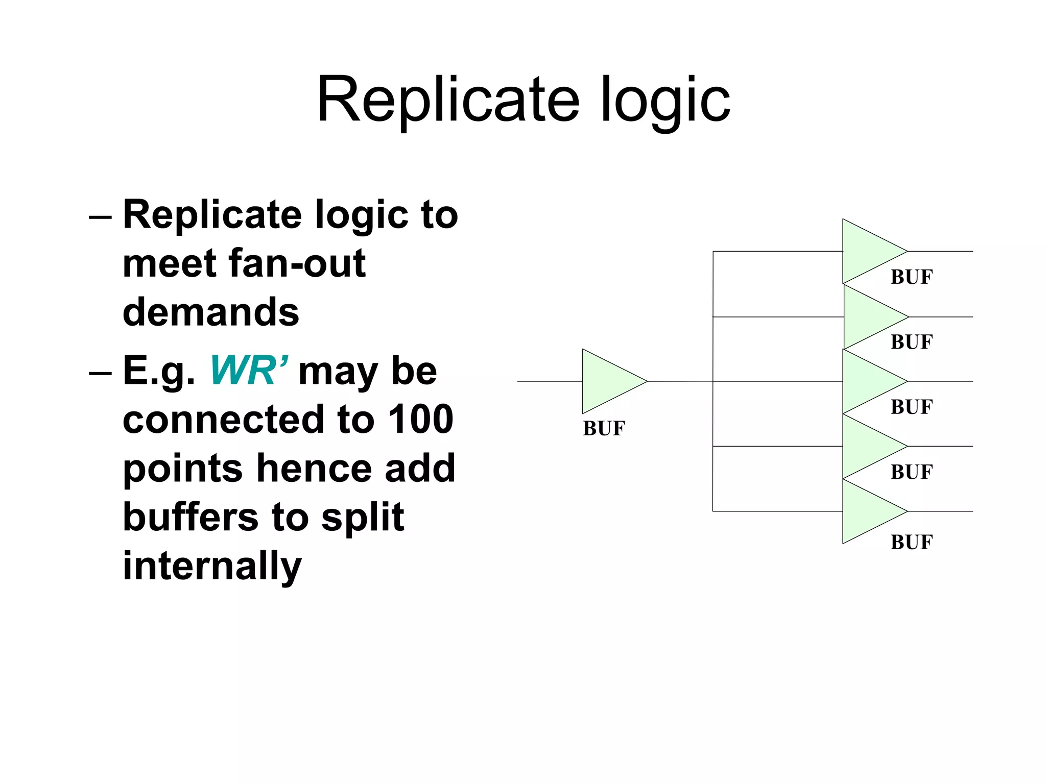 Replicate logic
– Replicate logic to
meet fan-out
demands
– E.g. WR’ may be
connected to 100
points hence add
buffers to split
internally
BUF
BUF
BUF
BUF
BUF
BUF
 