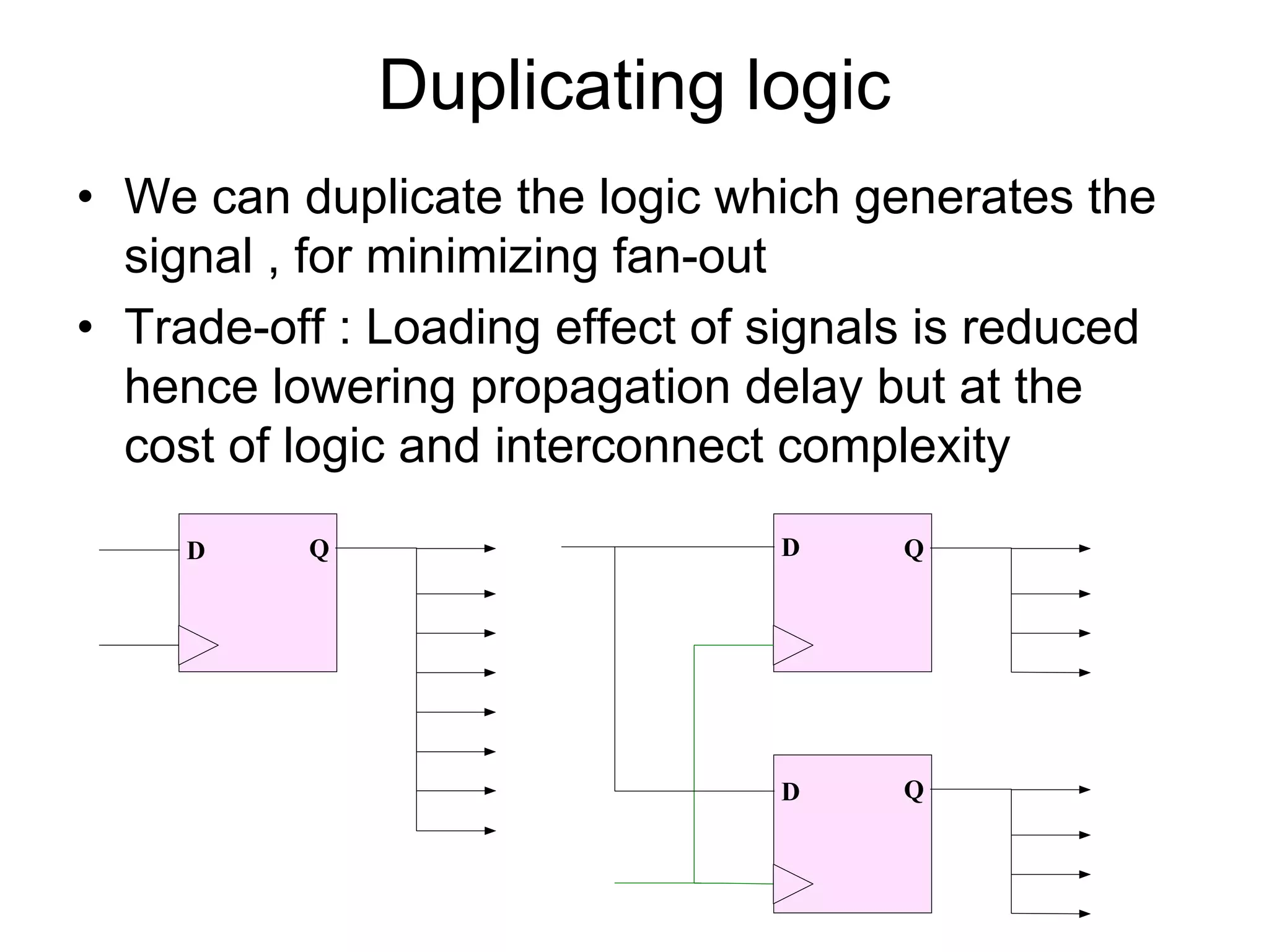 Duplicating logic
• We can duplicate the logic which generates the
signal , for minimizing fan-out
• Trade-off : Loading effect of signals is reduced
hence lowering propagation delay but at the
cost of logic and interconnect complexity
D Q D Q
D Q
 