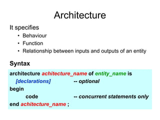 Architecture
It specifies
• Behaviour
• Function
• Relationship between inputs and outputs of an entity
Syntax
architecture achitecture_name of entity_name is
[declarations] -- optional
begin
code -- concurrent statements only
end achitecture_name ;
 