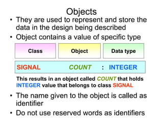 Objects
• They are used to represent and store the
data in the design being described
• Object contains a value of specific type
Class Object Data type
SIGNAL COUNT : INTEGER
This results in an object called COUNT that holds
INTEGER value that belongs to class SIGNAL
• The name given to the object is called as
identifier
• Do not use reserved words as identifiers
 