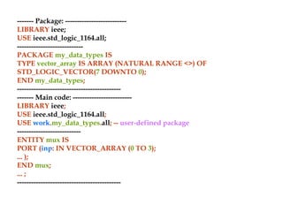 ------- Package: --------------------------
LIBRARY ieee;
USE ieee.std_logic_1164.all;
----------------------------
PACKAGE my_data_types IS
TYPE vector_array IS ARRAY (NATURAL RANGE <>) OF
STD_LOGIC_VECTOR(7 DOWNTO 0);
END my_data_types;
--------------------------------------------
------- Main code: -------------------------
LIBRARY ieee;
USE ieee.std_logic_1164.all;
USE work.my_data_types.all; -- user-defined package
---------------------------
ENTITY mux IS
PORT (inp: IN VECTOR_ARRAY (0 TO 3);
... );
END mux;
... ;
--------------------------------------------
 
