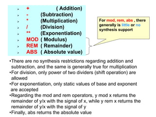 + ( Addition)
- (Subtraction)
* (Multiplication)
/ (Division)
** (Exponentiation)
MOD ( Modulus)
REM ( Remainder)
ABS ( Absolute value)
•There are no synthesis restrictions regarding addition and
subtraction, and the same is generally true for multiplication
•For division, only power of two dividers (shift operation) are
allowed
•For exponentiation, only static values of base and exponent
are accepted
•Regarding the mod and rem operators, y mod x returns the
remainder of y/x with the signal of x, while y rem x returns the
remainder of y/x with the signal of y
•Finally, abs returns the absolute value
For mod, rem, abs , there
generally is little or no
synthesis support
 
