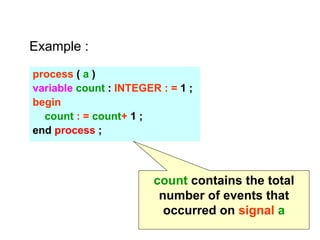 process ( a )
variable count : INTEGER : = 1 ;
begin
count : = count+ 1 ;
end process ;
Example :
count contains the total
number of events that
occurred on signal a
 