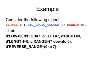 Example
Consider the following signal:
SIGNAL d : STD_LOGIC_VECTOR (7 DOWNTO 0);
Then:
d'LOW=0, d'HIGH=7, d'LEFT=7, d'RIGHT=0,
d'LENGTH=8, d'RANGE=(7 downto 0),
d'REVERSE_RANGE=(0 to 7)
 