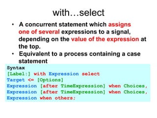 with…select
• A concurrent statement which assigns
one of several expressions to a signal,
depending on the value of the expression at
the top.
• Equivalent to a process containing a case
statement
Syntax
[Label:] with Expression select
Target <= [Options]
Expression [after TimeExpression] when Choices,
Expression [after TimeExpression] when Choices,
Expression when others;
 