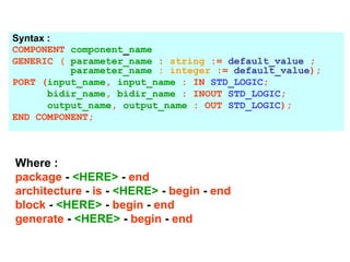 Syntax :
COMPONENT component_name
GENERIC ( parameter_name : string := default_value ;
parameter_name : integer := default_value);
PORT (input_name, input_name : IN STD_LOGIC;
bidir_name, bidir_name : INOUT STD_LOGIC;
output_name, output_name : OUT STD_LOGIC);
END COMPONENT;
Where :
package - <HERE> - end
architecture - is - <HERE> - begin - end
block - <HERE> - begin - end
generate - <HERE> - begin - end
 