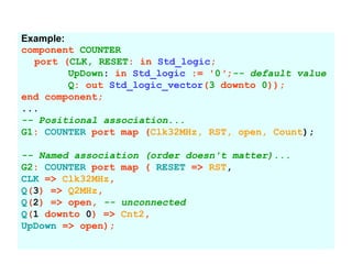 Example:
component COUNTER
port (CLK, RESET: in Std_logic;
UpDown: in Std_logic := '0';-- default value
Q: out Std_logic_vector(3 downto 0));
end component;
...
-- Positional association...
G1: COUNTER port map (Clk32MHz, RST, open, Count);
-- Named association (order doesn't matter)...
G2: COUNTER port map ( RESET => RST,
CLK => Clk32MHz,
Q(3) => Q2MHz,
Q(2) => open, -- unconnected
Q(1 downto 0) => Cnt2,
UpDown => open);
 