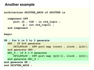 architecture SHIFTER_ARCH of SHIFTER is
component DFF
port (D , CLK : in std_logic ;
Q : out std_logic) ;
end component ;
begin
GK : for k in 0 to 3 generate
GK0 : IF k=0 generate
DFILPFLOP : DFF port map (count , clock , Q(k));
end generate GK0 ;
GK1_3 : if k > 0 generate
DFILPFLOP : DFF port map (Q(k-1), clock , Q(k));
end generate GK1_3 ;
end generate GK ;
end SHIFTER_ARCH ;
Another example
 