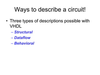 Ways to describe a circuit!
• Three types of descriptions possible with
VHDL
– Structural
– Dataflow
– Behavioral
 