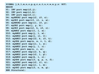 SIGNAL j,k,l,m,n,o,p,q,r,s,t,u,v,w,x,y,z: BIT;
BEGIN
U1: INV port map(i2,j);
U2: INV port map(i1,k);
U3: INV port map(i0,l);
U4: myXNOR2 port map(i2, i0, z);
U5: myOR3 port map(i3, i1, z, a);
U6: myXNOR2 port map(i1, i0, y);
U7: myOR2 port map(j, y, b);
U8: myOR3 port map(i2, k, i0, c);
U9: myAND2 port map(i1, l, x);
U10: myAND2 port map(j, l, w);
U11: myAND2 port map(j, i1, v);
U12: myAND3 port map(i2, k, i0, t);
U13: myOR4 port map(x, w, v, t, d);
U14: myAND2 port map(i1, l, s);
U15: myAND2 port map(j, l, r);
U16: myOR2 port map(s, r, e);
U17: myAND2 port map(i2, k, q);
U18: myAND2 port map(i2, l, p);
U19: myAND2 port map(k, l, o);
U20: myOR4 port map(i3, q, p, o, f);
U21: myXOR2 port map(i2, i1, n);
U22: myAND2 port map(i1, l, m);
U23: myOR3 port map(i3, n, m, g);
END Structural;
 