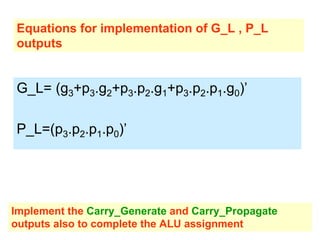 G_L= (g3+p3.g2+p3.p2.g1+p3.p2.p1.g0)’
P_L=(p3.p2.p1.p0)’
Implement the Carry_Generate and Carry_Propagate
outputs also to complete the ALU assignment
Equations for implementation of G_L , P_L
outputs
 