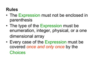 Rules
• The Expression must not be enclosed in
parenthesis
• The type of the Expression must be
enumeration, integer, physical, or a one
dimensional array
• Every case of the Expression must be
covered once and only once by the
Choices
 