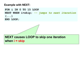 FOR i IN 0 TO 15 LOOP
NEXT WHEN i=skip; -- jumps to next iteration
(...)
END LOOP;
Example with NEXT:
NEXT causes LOOP to skip one iteration
when i = skip
 
