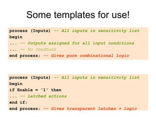 Some templates for use!
process (Inputs) -- All inputs in sensitivity list
begin
... -- Outputs assigned for all input conditions
... -- No feedback
end process; -- Gives pure combinational logic
process (Inputs) -- All inputs in sensitivity list
begin
if Enable = '1' then
... -- Latched actions
end if;
end process; -- Gives transparent latches + logic
 