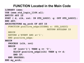 FUNCTION Located in the Main Code
LIBRARY ieee;
USE ieee.std_logic_1164.all;
ENTITY dff IS
PORT ( d, clk, rst: IN STD_LOGIC; q: OUT STD_LOGIC);
END dff;
ARCHITECTURE my_arch OF dff IS
FUNCTION positive_edge(SIGNAL s: STD_LOGIC)
RETURN BOOLEAN IS
BEGIN
RETURN s'EVENT AND s='1';
END positive_edge;
BEGIN
PROCESS (clk, rst)
BEGIN
IF (rst='1') THEN q <= '0';
ELSIF positive_edge(clk) THEN q <= d;
END IF;
END PROCESS;
END my_arch;
 