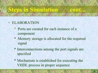 Steps in Simulation cont...
• ELABORATION
* Ports are created for each instance of a
component
* Memory storage is allocated for the required
signal
* Interconnections among the port signals are
specified
* Mechanism is established for executing the
VHDL process in proper sequence
 