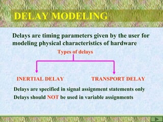 DELAY MODELING
Delays are timing parameters given by the user for
modeling physical characteristics of hardware
Types of delays
INERTIAL DELAY TRANSPORT DELAY
Delays are specified in signal assignment statements only
Delays should NOT be used in variable assignments
 